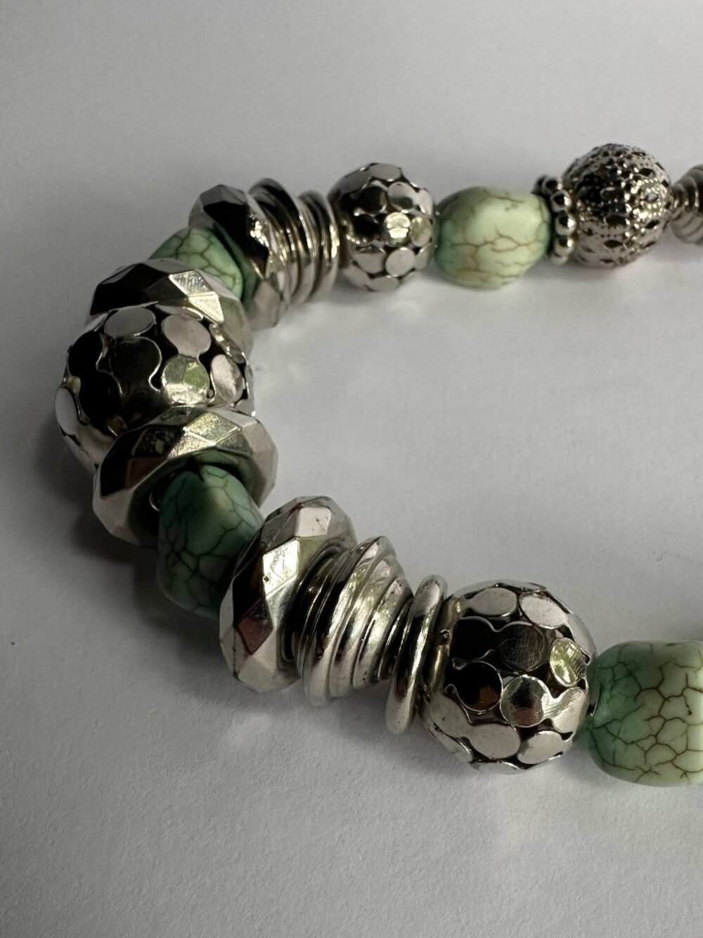 Chunky Silver Tone & Mint Green Beaded Statement Necklace